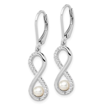 Sterling Silver Rhodium-plated 4-5mm White Freshwater Cultured Pearl and CZ Infinity Dangle Leverback Earrings — alternate view