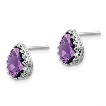 Sterling Silver Rhodium-plated 10mm Polished Pear Amethyst Post Earrings — alternate view