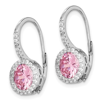 Sterling Silver RH-plated Polished Pink & White CZ Halo Leverback Earrings — alternate view