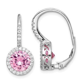 Sterling Silver RH-plated Polished Pink & White CZ Halo Leverback Earrings