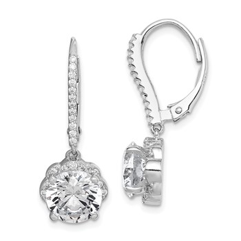 Sterling Silver Rhodium-plated Polished CZ Flower Leverback Earrings