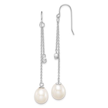Sterling Silver Rhodium-plated 9-10mm White Teardrop Freshwater Cultured Pearl and CZ Dangle Earrings