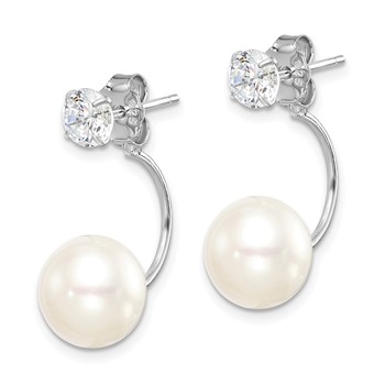 Sterling Silver Rhodium-plated 9-10mm White Button Freshwater Cultured Pearl and CZ Front and Back Post Dangle Earrings — alternate view