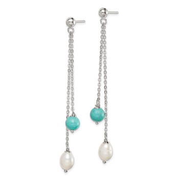 Sterling Silver Rhod-pltd Turquoise/FWC Pearl Chain Post Dangle Earrings — alternate view