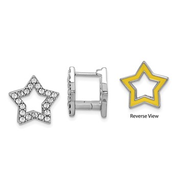 Sterling Silver RH-plate Yellow Enamel Star Crystal Hinged Earrings
