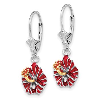 De-Ani Sterling Silver Rhodium-Plated Enameled Red Hibiscus Leverback Earrings — alternate view