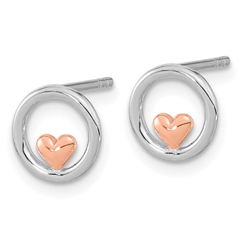 Sterling Silver RH-plated & Rose Gold-plated Circle w/Heart Post Earrings — alternate view