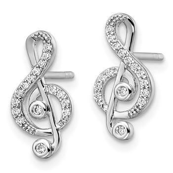 Sterling Silver Rhodium-plated CZ Treble Clef Post Earrings — alternate view