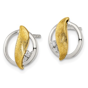 Sterling Silver Rh-pltd Gold-tone Polished/Brushed CZ Circle Post Earrings — alternate view