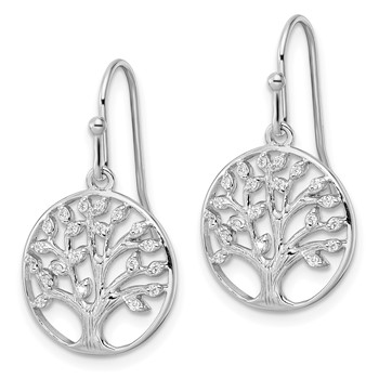 Sterling Silver Rhodium-plated Dangle Polished CZ Tree of Life Earrings — alternate view
