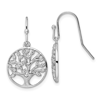 Sterling Silver Rhodium-plated Dangle Polished CZ Tree of Life Earrings