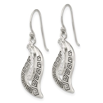 Sterling Silver Antiqued CZ Greek Key Leaf Shepherd Hook Earrings — alternate view