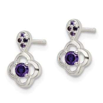 Sterling Silver Polished Purple CZ Flower Post Dangle Earrings — alternate view