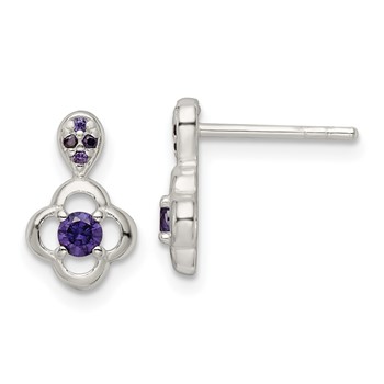 Sterling Silver Polished Purple CZ Flower Post Dangle Earrings