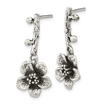 Sterling Silver Oxidized Flower w/Branch Dangle Post Earrings — alternate view