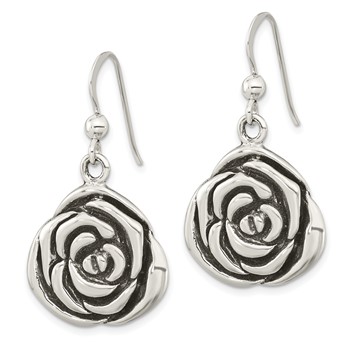 Sterling Silver Polished Antiqued Rose Dangle Earrings — alternate view