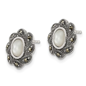 Sterling Silver Antiqued Marcasite & MOP Post Earrings — alternate view