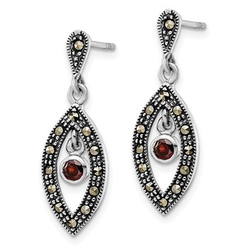 Sterling Silver Antiqued Marcasite & Red Glass Stone Post Dangle Earrings — alternate view