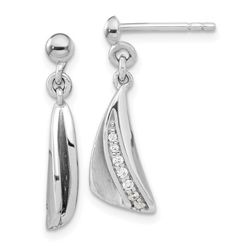 Sterling Silver RH-plated Brushed & Polished CZ Dangle Post Earrings