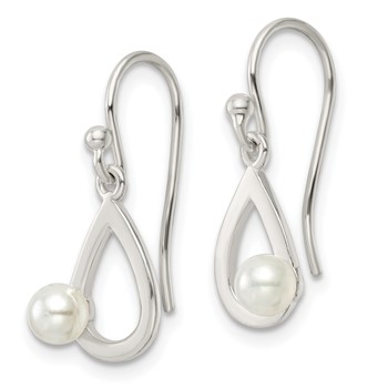 Sterling Silver Polished Teardrop w/ Imitation Pearl Shepherd Hook Earrings — alternate view