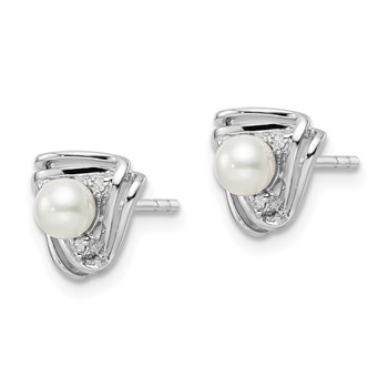 Sterling Silver Rhodium-plated FWC Pearl and CZ Triangle Post Earrings — alternate view