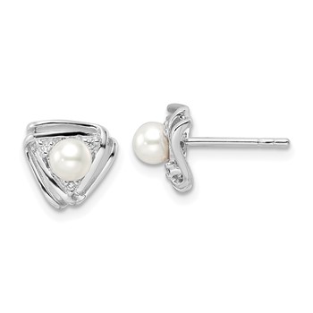 Sterling Silver Rhodium-plated FWC Pearl and CZ Triangle Post Earrings