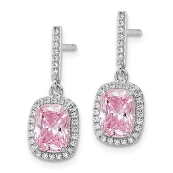 Sterling Silver Rhodium-plated Pink & White CZ Dangle Post Earrings — alternate view