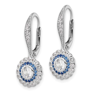 Sterling Silver Rhodium-plated Polished Blue & White CZ Leverback Earrings — alternate view