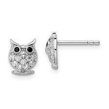 Image of Sterling Silver Rhodium-plated Black & White CZ Owl Post Earrings