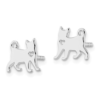Sterling Silver Rhodium-plated Cat w/Heart Post Earrings — alternate view