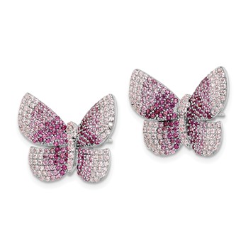 Sterling Silver Rhodium-plated Polished Pink CZ Butterfly Post Earrings — alternate view