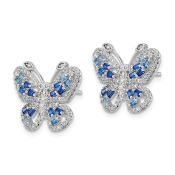 Sterling Silver Rhodium-plated Polished Light and Dark Blue CZ with Clear CZ Butterfly Post Earrings — alternate view