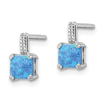 Sterling Silver Rhodium-plated Square Blue Created Opal Post Earrings — alternate view