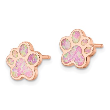 Sterling Silver Rose-tone Created Opal Inlay Pawprint Post Earrings — alternate view