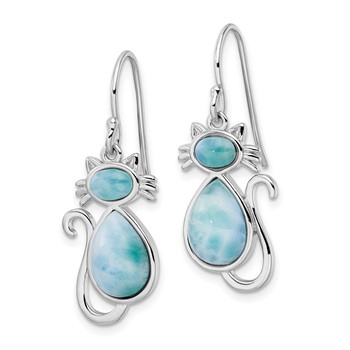 Sterling Silver Rhodium-plated Polished Larimar Cat Dangle Earrings — alternate view