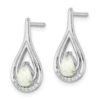 Sterling Silver RH-plated Pear Shape White Created Opal CZ Post Earrings — alternate view