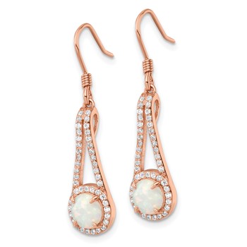 Sterling Silver Rose-tone Polished CZ & White Created Opal Dangle Earrings — alternate view