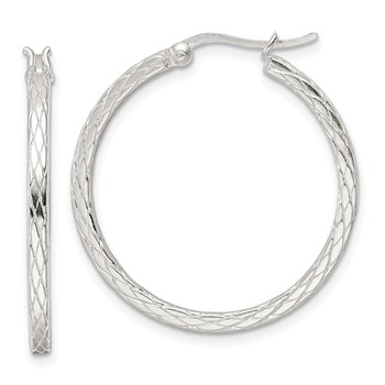 Sterling Silver Rhodium-plated Diamond Pattern Hoop Earrings