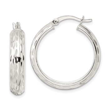 Sterling Silver Polished Diamond-cut 5x25mm Hoop Earrings
