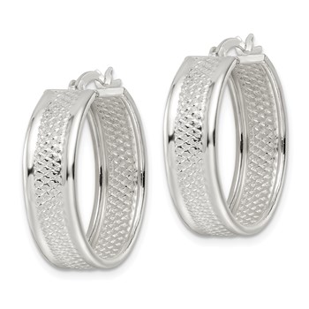 Sterling Silver Polished Textured 7.5x25mm Hoop Earrings — alternate view
