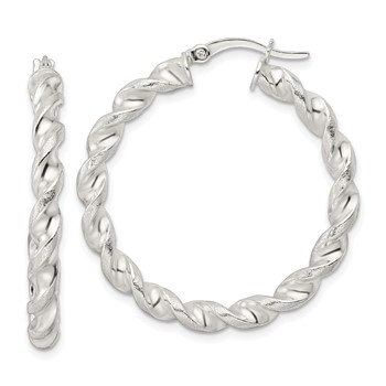Sterling Silver Polished and Textured Twisted Circle Hoop Earrings