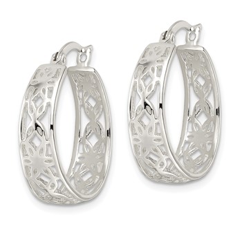 Sterling Silver Polished Cut-out Floral Round Hoop Earrings — alternate view