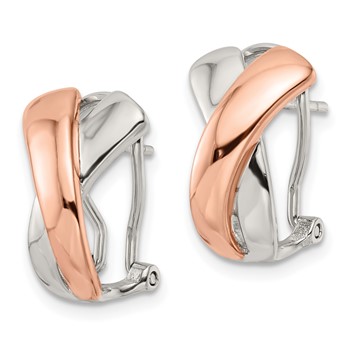 Sterling Silver & Rose-tone Polished X Omega Back J-Hoop Earrings — alternate view