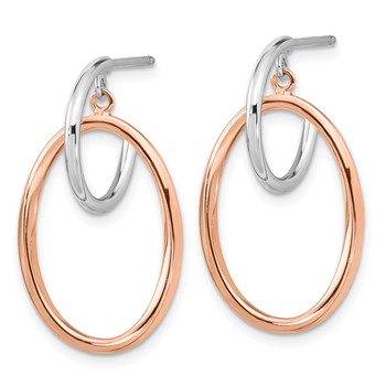 Sterling Silver Rhodium-plated Rose Gold-plated Oval Dangle Hoop Earrings — alternate view