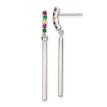 Sterling Silver Red/Green/Yellow CZ Dangle Bar Post Earrings