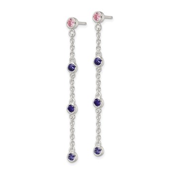 Sterling Silver Chain w/Pink and Purple Bezel CZs Dangle Post Earrings — alternate view