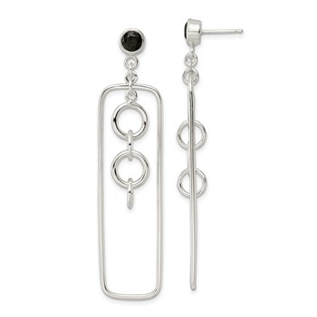 Sterling Silver Black CZ Rectangle and Chain Dangle Post Earrings