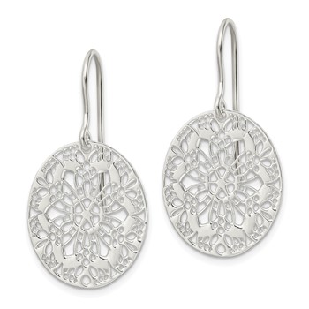 Sterling Silver Polished Floral Oval Dangle Earrings — alternate view