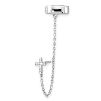Sterling Silver RH-plated CZ Cross w/ 2in Chain Single Post & Cuff Earrin — alternate view