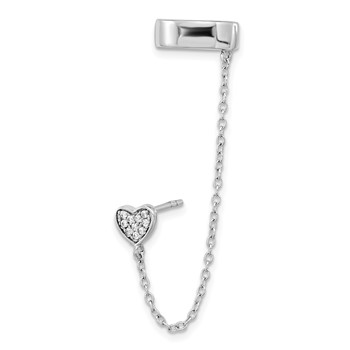 Sterling Silver RH-plated CZ Heart w/ 2in Chain Single Post & Cuff Earrin — alternate view